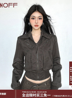 FUNOFF巴恩风复古军绿色拉链收腰夹克外套2025初秋工装短夹克上衣