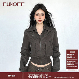 FUNOFF巴恩风复古军绿色拉链收腰夹克外套2025初秋工装短夹克上衣
