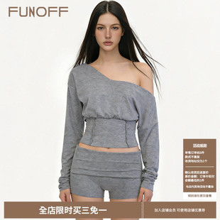 运动两件套装 FUNOFF 卫衣翻边低腰短裤 复古灰色斜肩收腰长袖 美式