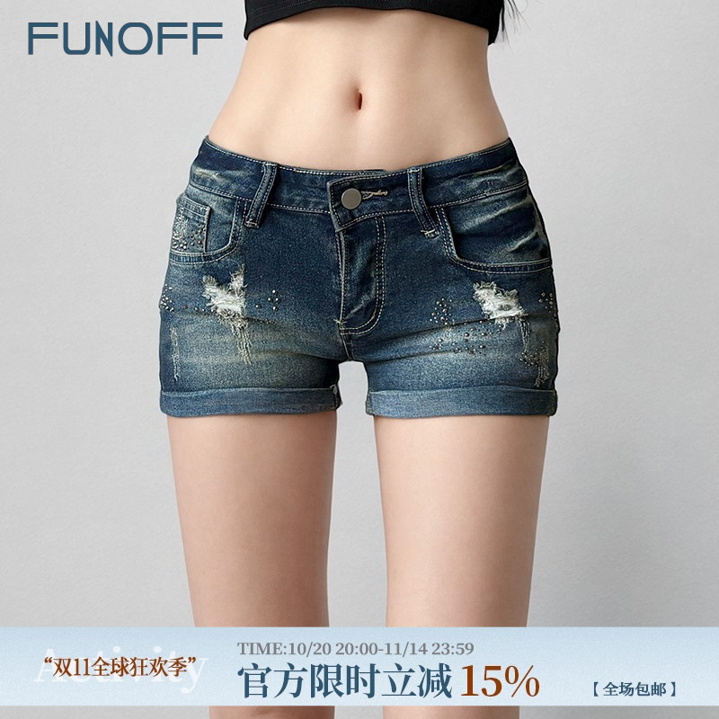 FUNOFF 美式复古低腰洗水破洞牛仔短裤辣妹磨白烫钻口袋显瘦热裤
