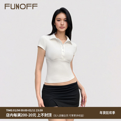 美式基础白色POLO领收腰短袖衬衫