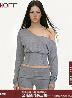 FUNOFF 美式复古灰色斜肩收腰长袖卫衣翻边低腰短裤运动两件套装