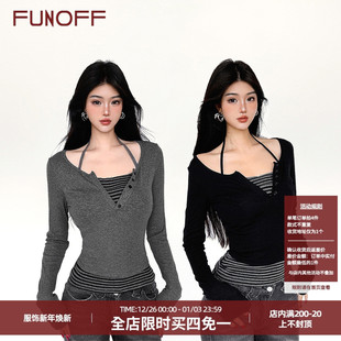 T恤简约内搭收腰上衣套装 复古撞色条纹挂脖真两件长袖 美式 FUNOFF