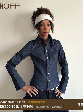 FUNOFF 美式复古深蓝色纽扣牛仔长袖衬衫街头简约分割收腰上衣秋