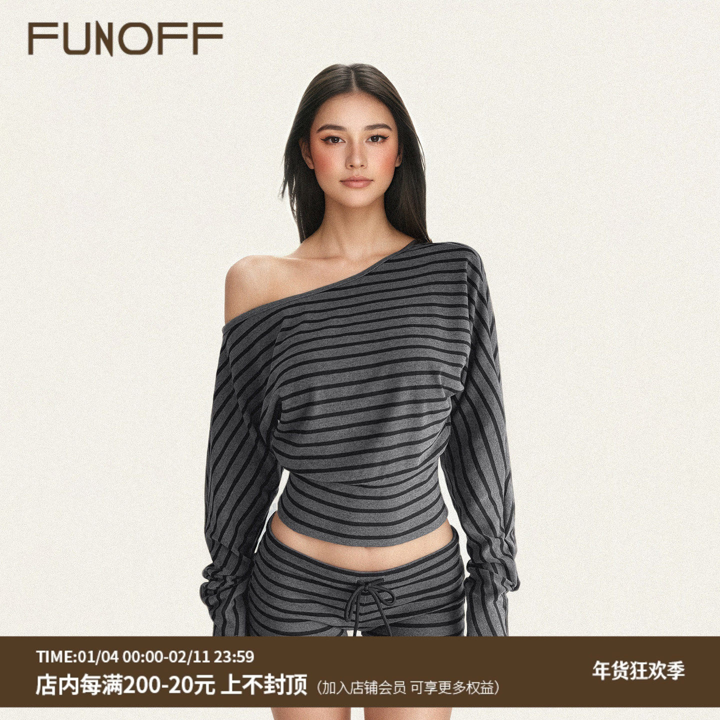 FUNOFF 美式复古条纹斜肩露脐长袖T恤上衣低腰绑带超短裤两件套装,女装/女士精品,时尚套装,淘宝优惠券,粉丝福利购,淘宝优惠卷