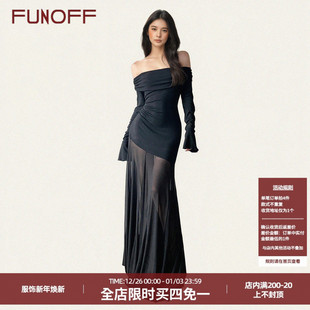 透视包臀长裙 连衣裙秋简约修身 FUNOFF 性感黑色一字肩网纱喇叭袖