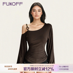 FUNOFF美式 T恤2025秋冬露肩收腰上衣女 复古棕色斜肩串珠灯笼长袖