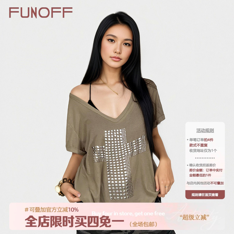 美式街头V领烫铜十字架斜肩短袖T