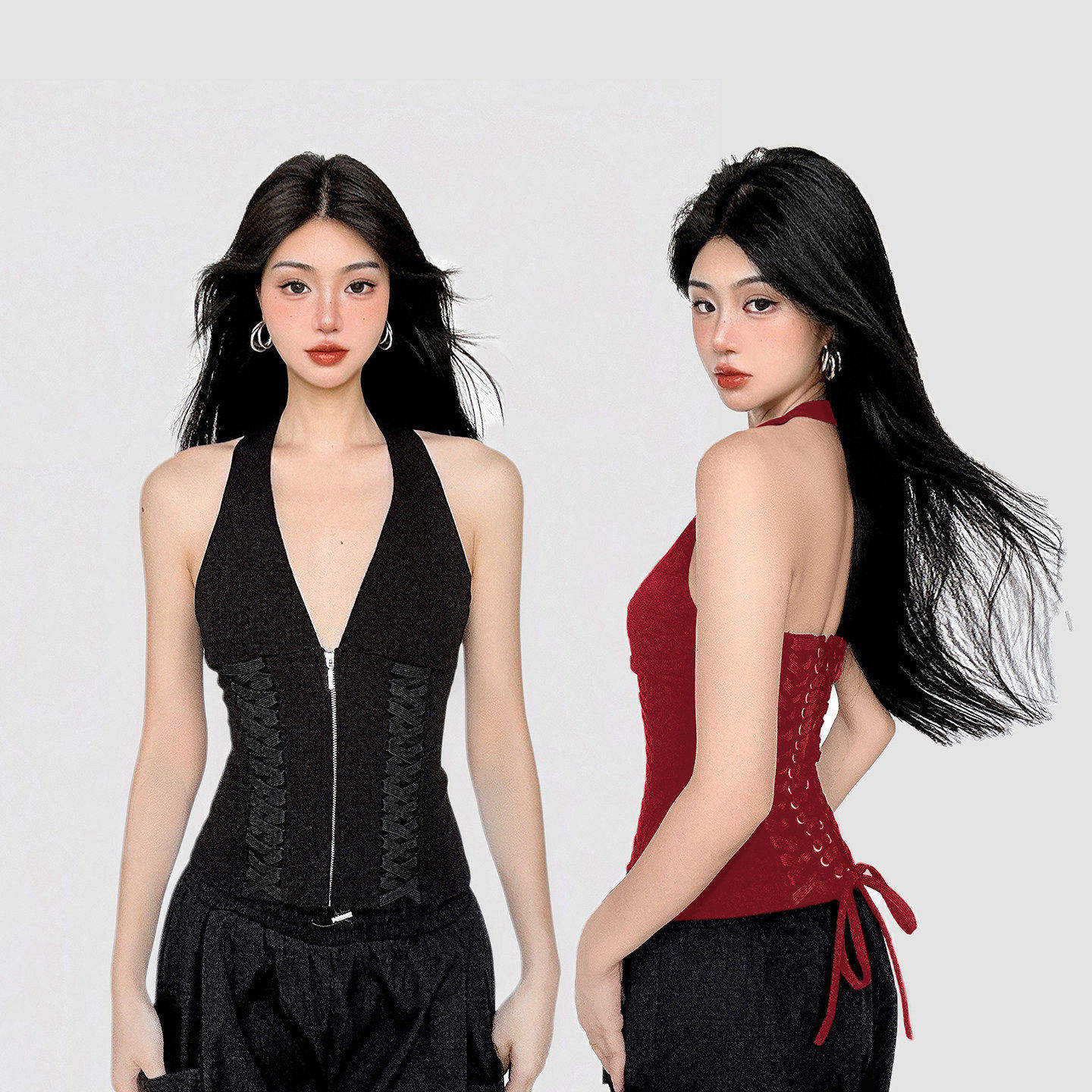 FUNOFF 美式复古纯色绑带低胸V领挂脖背心夏街头性感收腰露背上衣