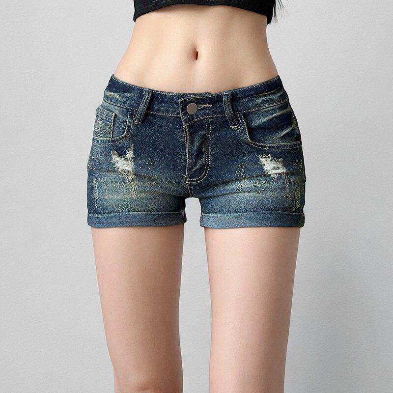 FUNOFF 美式复古低腰洗水破洞牛仔短裤辣妹磨白烫钻口袋显瘦热裤
