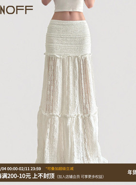FUNOFF法式波西米亚白色蕾丝镂空半身裙2025夏波嬉风打揽低腰长裙