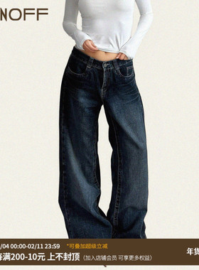 FUNOFF 美式复古蓝色磨白低腰直筒牛仔裤基础简约显瘦休闲长裤女