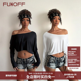 T恤街舞爵士宽松百搭上衣女 简约黑色圆领斜肩露脐长袖 FUNOFF 美式