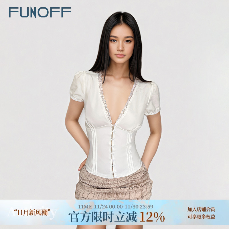 法式bm风白色V领低胸泡泡袖衬衫
