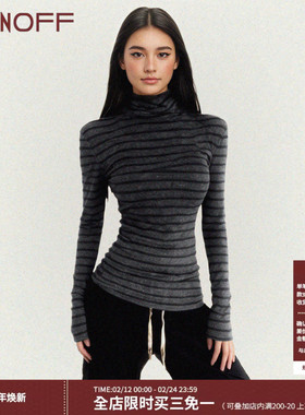FUNOFF 美式复古黑灰撞色条纹高领长袖打底衫简约收腰内搭T恤上衣