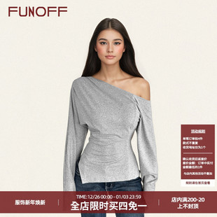 T恤女简约基础露肩修身 复古灰色斜肩收腰长袖 打底上衣 美式 FUNOFF
