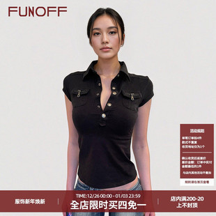 辣妹翻领收腰短袖 FUNOFF 衬衫 复古黑色POLO领口袋短袖 T恤上衣 美式