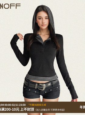 FUNOFF 美式复古黑色条纹撞色连帽假两件长袖T恤简约修身收腰上衣