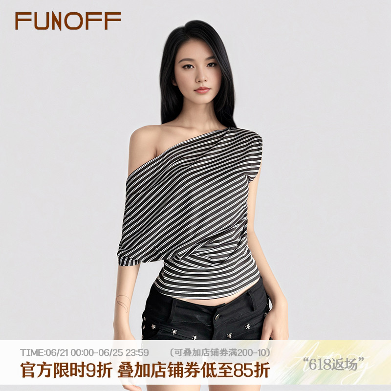 FUNOFF 美式复古黑白撞色条纹斜肩荡领无袖T恤夏辣妹收腰两穿上衣