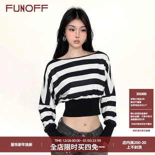 T恤2025秋蝙蝠袖 复古黑白条纹斜肩收腰长袖 一字肩上衣 美式 FUNOFF