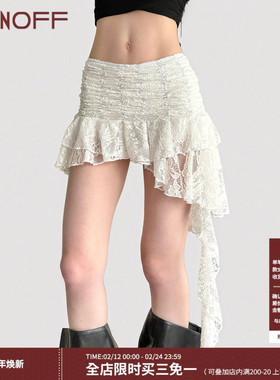FUNOFF 法式复古白色蕾丝不规则飘带半身裙流浪风性感蛋糕短裙夏