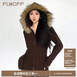 FUNOFF巴恩风棕色麻花针织拉链连帽毛领衣外套2024冬正肩长袖 上衣