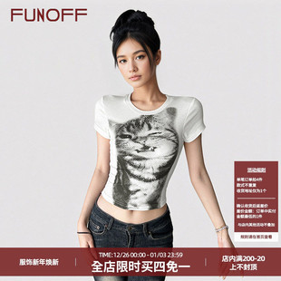 T恤2025夏基础白色圆领收腰上衣 简约猫咪印花露脐短袖 FUNOFF 美式