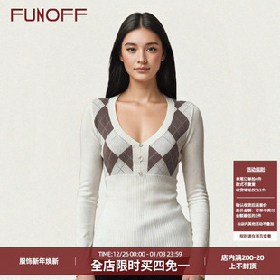 2025秋冬学院风菱格打底衫 复古低胸收腰毛织长袖 上衣 美式 FUNOFF