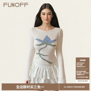 简约基础透视圆领收腰上衣 毛织罩衫 FUNOFF 复古植物花卉白色长袖