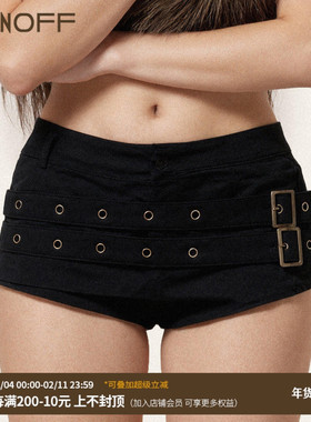 FUNOFF 美式复古黑色日字扣鸡眼低腰短裤街头轻亚修身超短热裤女