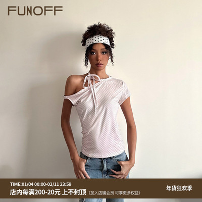 复古淡粉色波点斜肩绑带短袖T恤