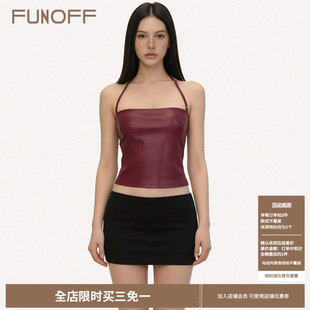 FUNOFF 复古酒红色低胸皮革挂脖吊带女性感辣妹露背显瘦上衣 美式