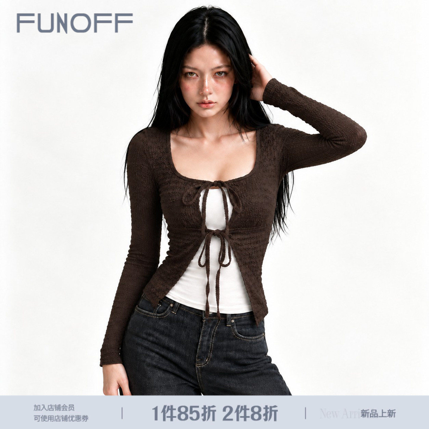 FUNOFF 美式复古蕾丝肌理感系带假两件长袖T恤女拼接简约百搭上衣