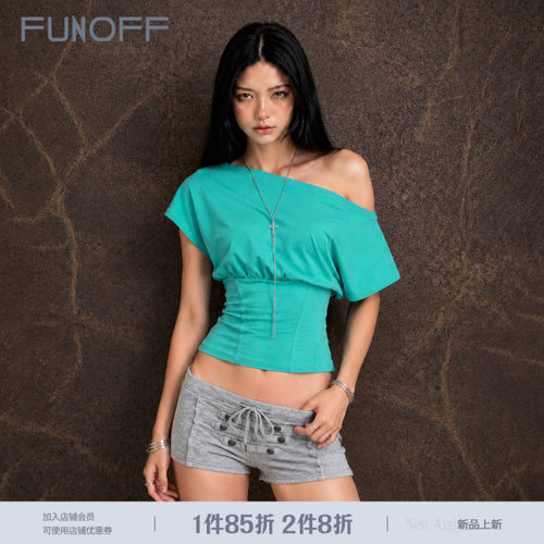 薄荷绿斜肩露肩收腰短袖T恤上衣
