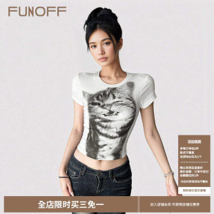 FUNOFF 美式简约猫咪印花露脐短袖T恤2026夏基础白色圆领收腰上衣