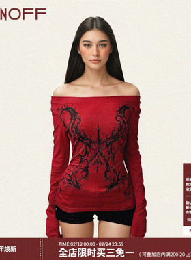 FUNOFF 复古暗黑风红色印花一字肩蕾丝长袖T恤万圣节小众收腰上衣