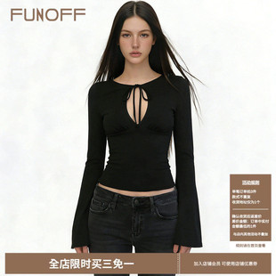 T恤基础修身 简约黑色镂空绑带喇叭长袖 收腰内搭上衣女 美式 FUNOFF