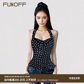 FUNOFF 法式 黑白撞色波点花边挂脖吊带背心性感低胸收腰露背上衣