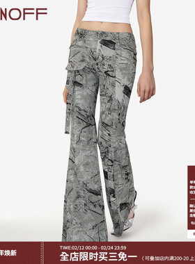 FUNOFF美式复古灰色工装低腰微喇牛仔裤女街头轻亚多口袋修身长裤