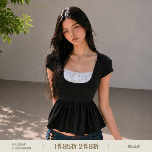 法式复古黑白波点蕾丝系带短袖