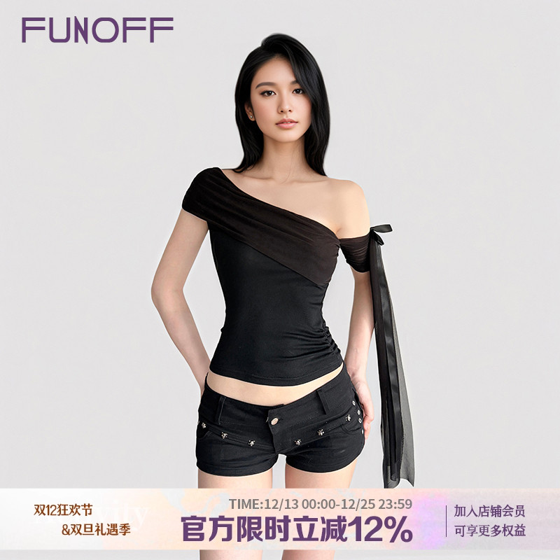 美式简约黑色网纱斜肩飘带T恤夏