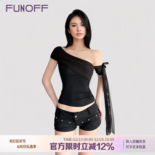 美式简约黑色网纱斜肩飘带T恤夏