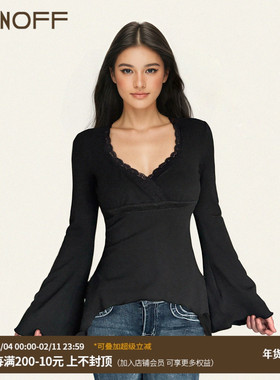 FUNOFF 复古黑色蕾丝V领飘带喇叭长袖T恤性感低胸不规则收腰上衣