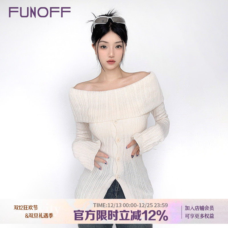 2024秋季长袖一字肩毛衣外套开叉