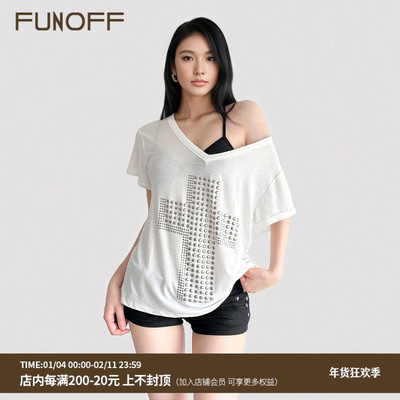 美式复古V领斜肩烫钻宽松短袖T恤