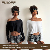 简约黑色圆领斜肩露脐长袖 FUNOFF 美式 T恤街舞爵士宽松百搭上衣女
