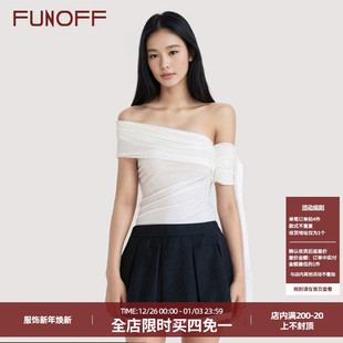 露肩抹胸上衣女 T恤2025夏修身 FUNOFF 简约设计感斜肩飘带收腰短袖