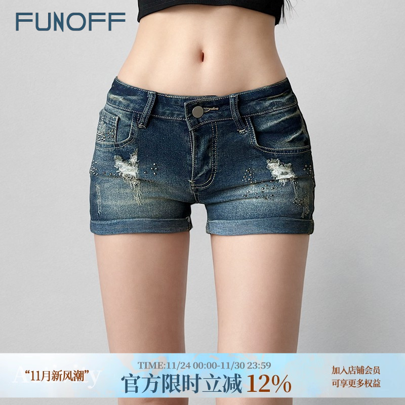 FUNOFF 美式复古低腰洗水破洞牛仔短裤辣妹磨白烫钻口袋显瘦热裤