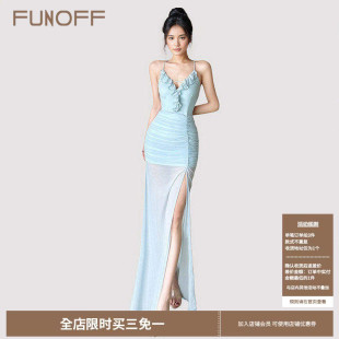 FUNOFF 度假风蓝色荷叶边低胸开叉吊带连衣裙性感露背包臀长裙女