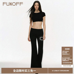 轻亚低腰休闲喇叭裤 FUNOFF 腰针织长裤 复古黑色烫钻翻边裤 女 美式